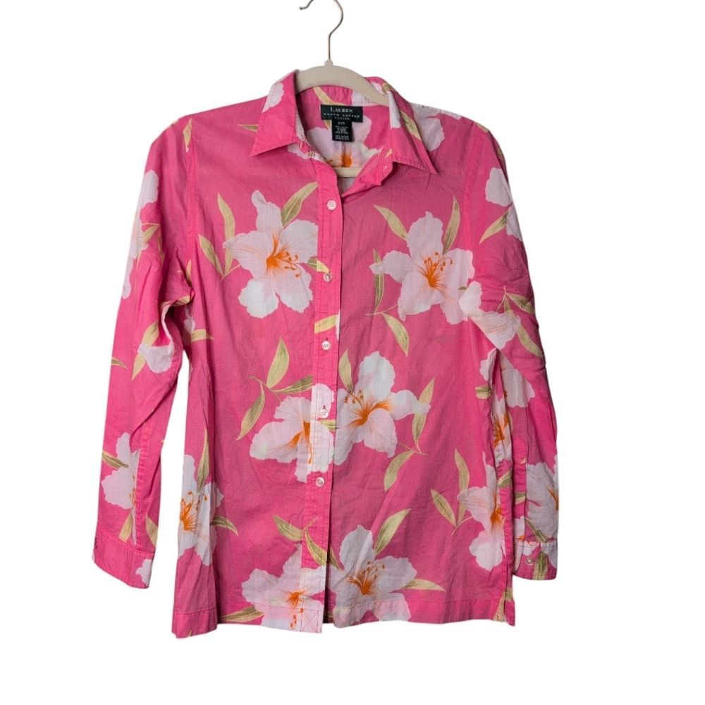 Lauren Ralph Lauren button-down blouse pink floral hibiscus print P/M cotton